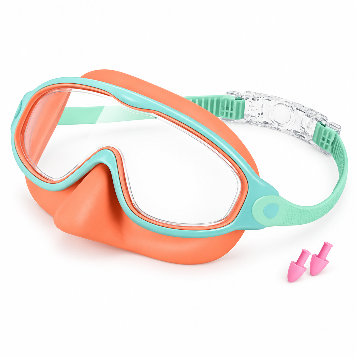 Empire Royals nose-cover swim mask in coral orange & mint green.
