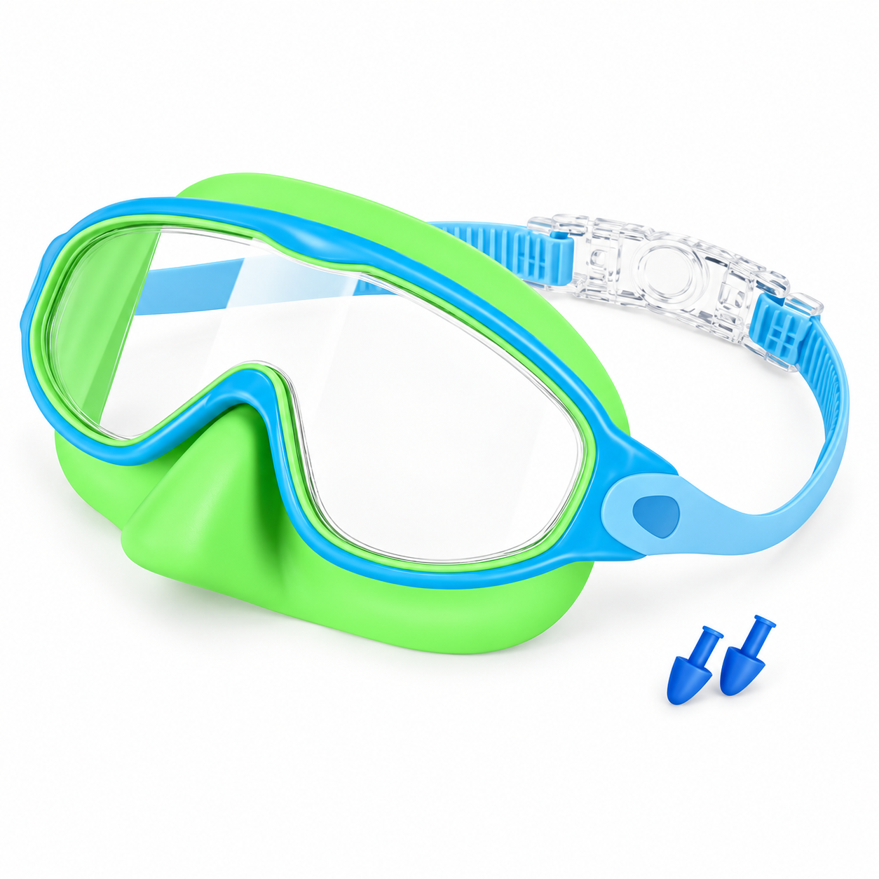 Empire Royals nose-cover swim mask in lime green & sky blue.