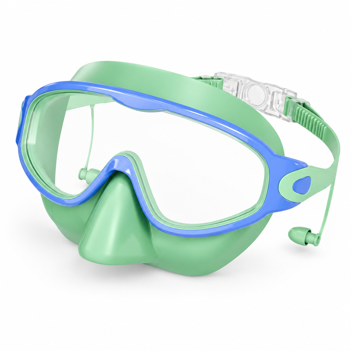 Empire Royals nose-cover swim mask in mint green & periwinkle blue.