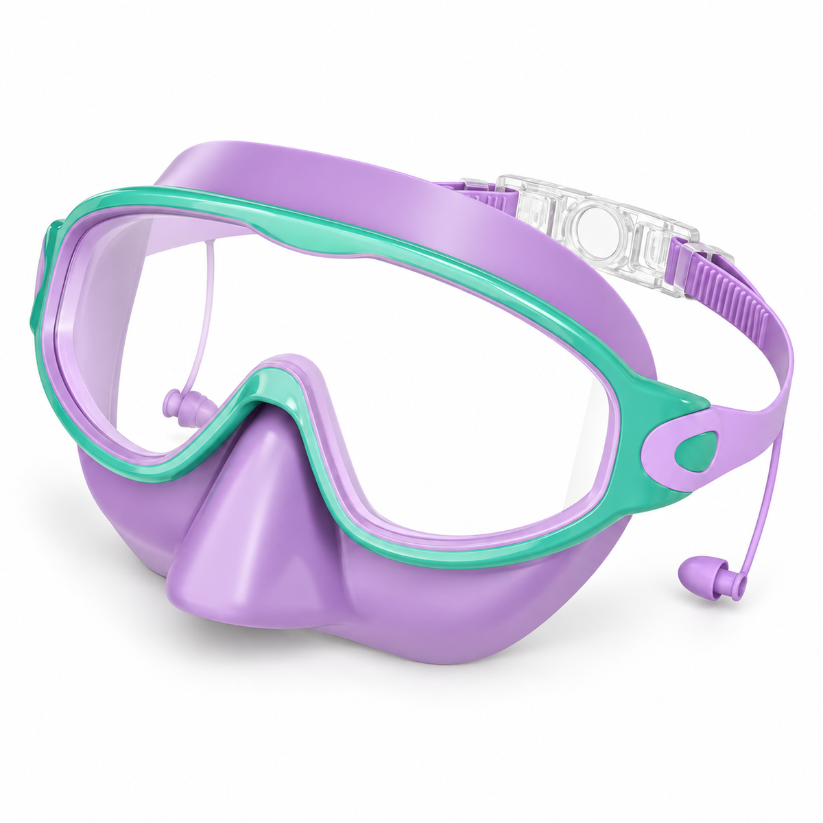 Empire Royals nose-cover swim mask in lavender purple & mint green.