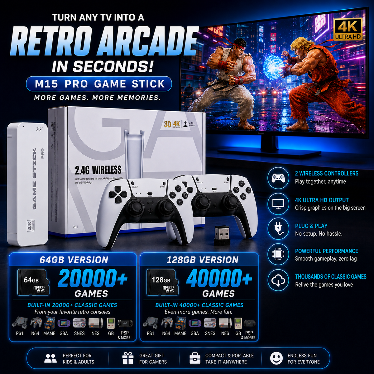 M15 4K Retro Game Stick with Dual Wireless Controllers