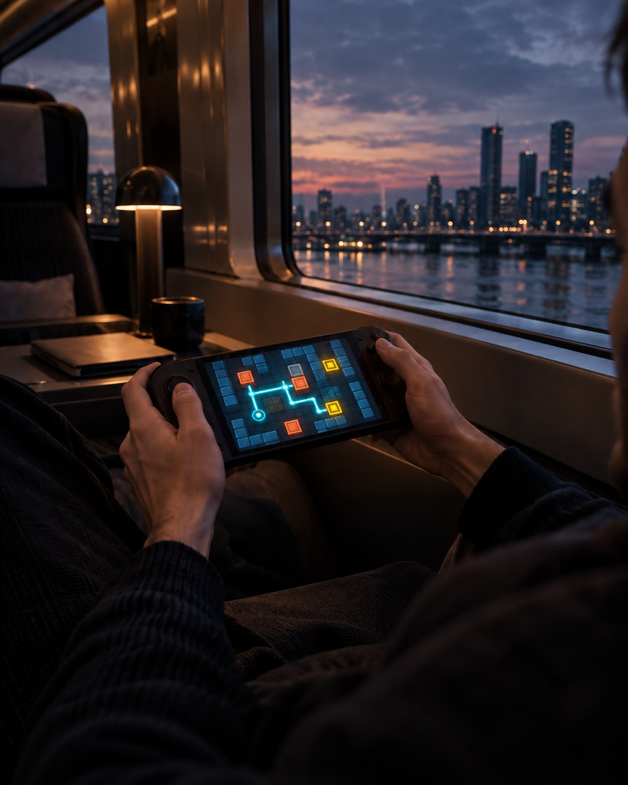 Traveler enjoying a pixel puzzle game on a handheld device