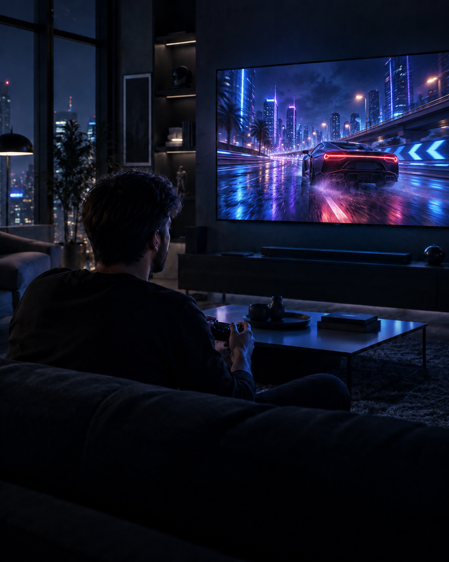 Solo gaming with an arcade racing game on screen